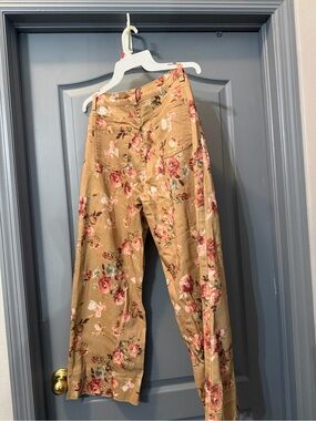 Floral Wide-Leg Jeans in Tan with Rose Print